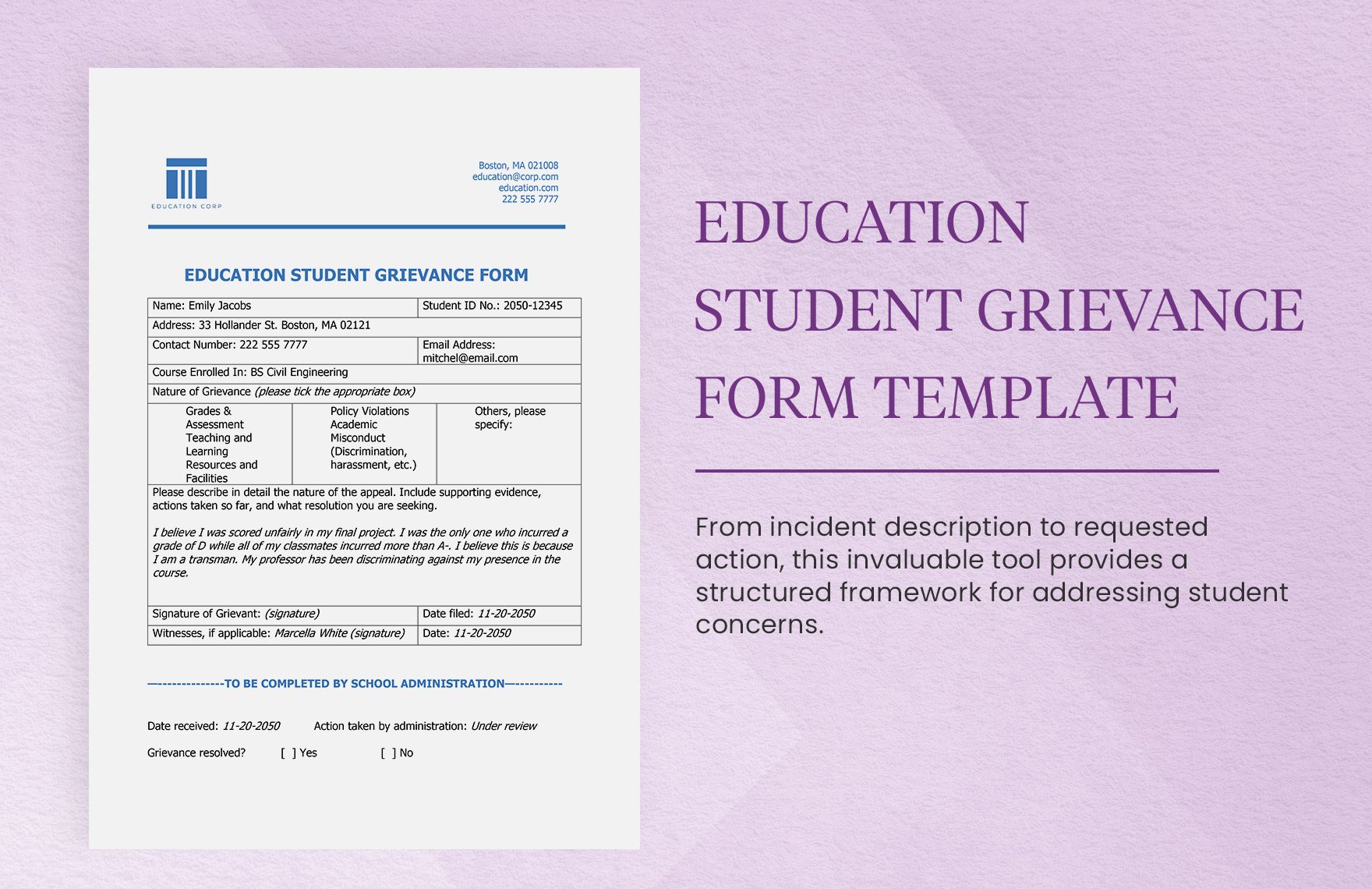 Education Student Grievance Form Template