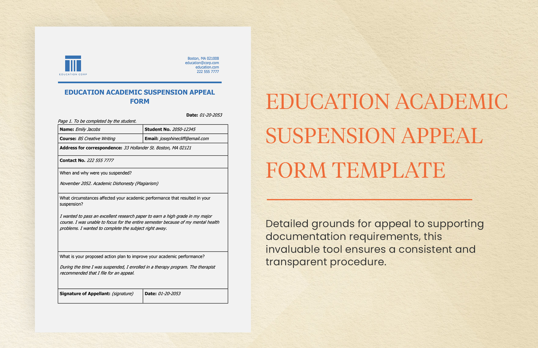 Education Academic Suspension Appeal Form Template in Word, Google Docs