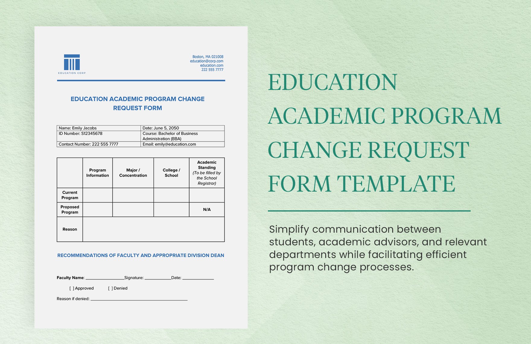Education Academic Program Change Request Form Template