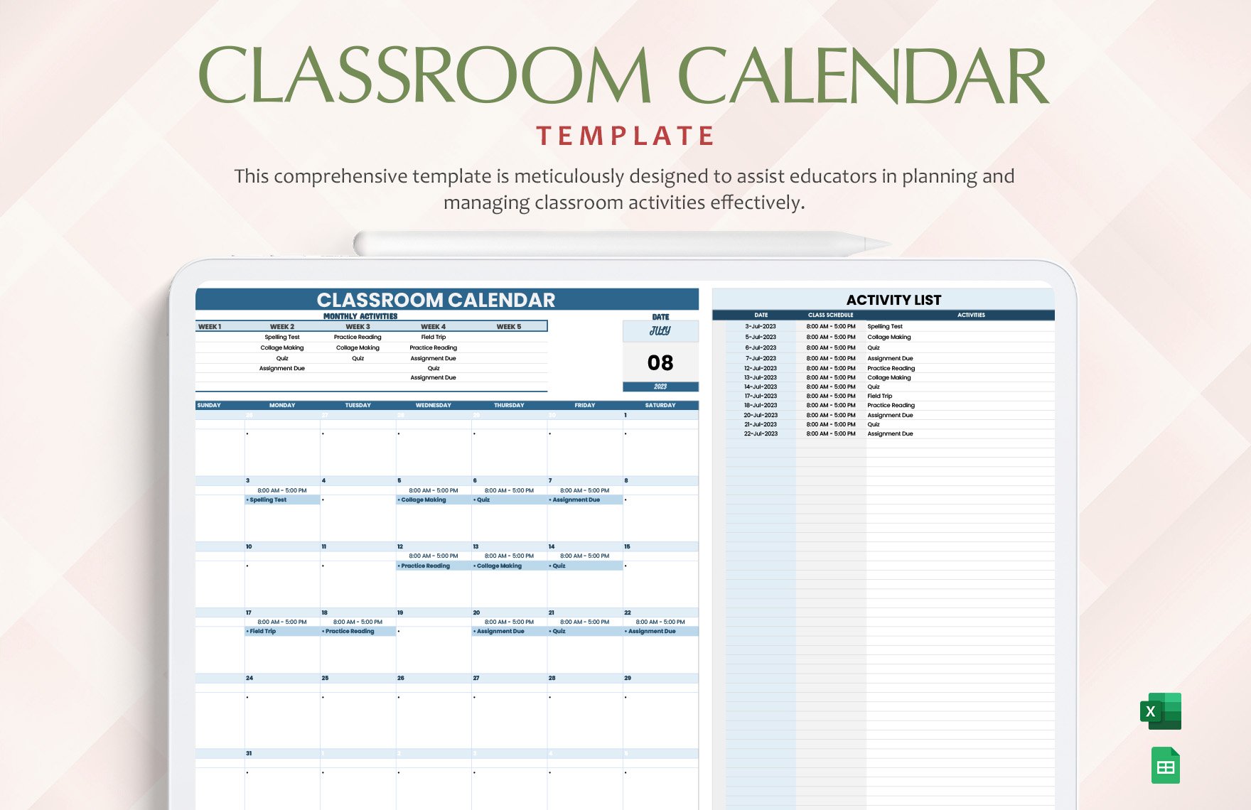 Classroom Calendar Template in Excel, Google Sheets