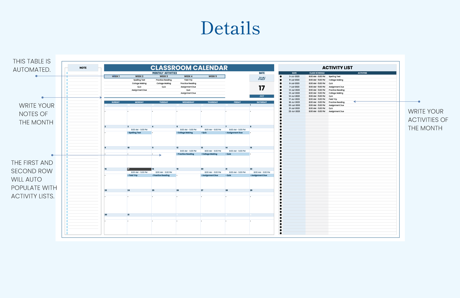 Classroom Calendar Template Download in Excel, Google Sheets