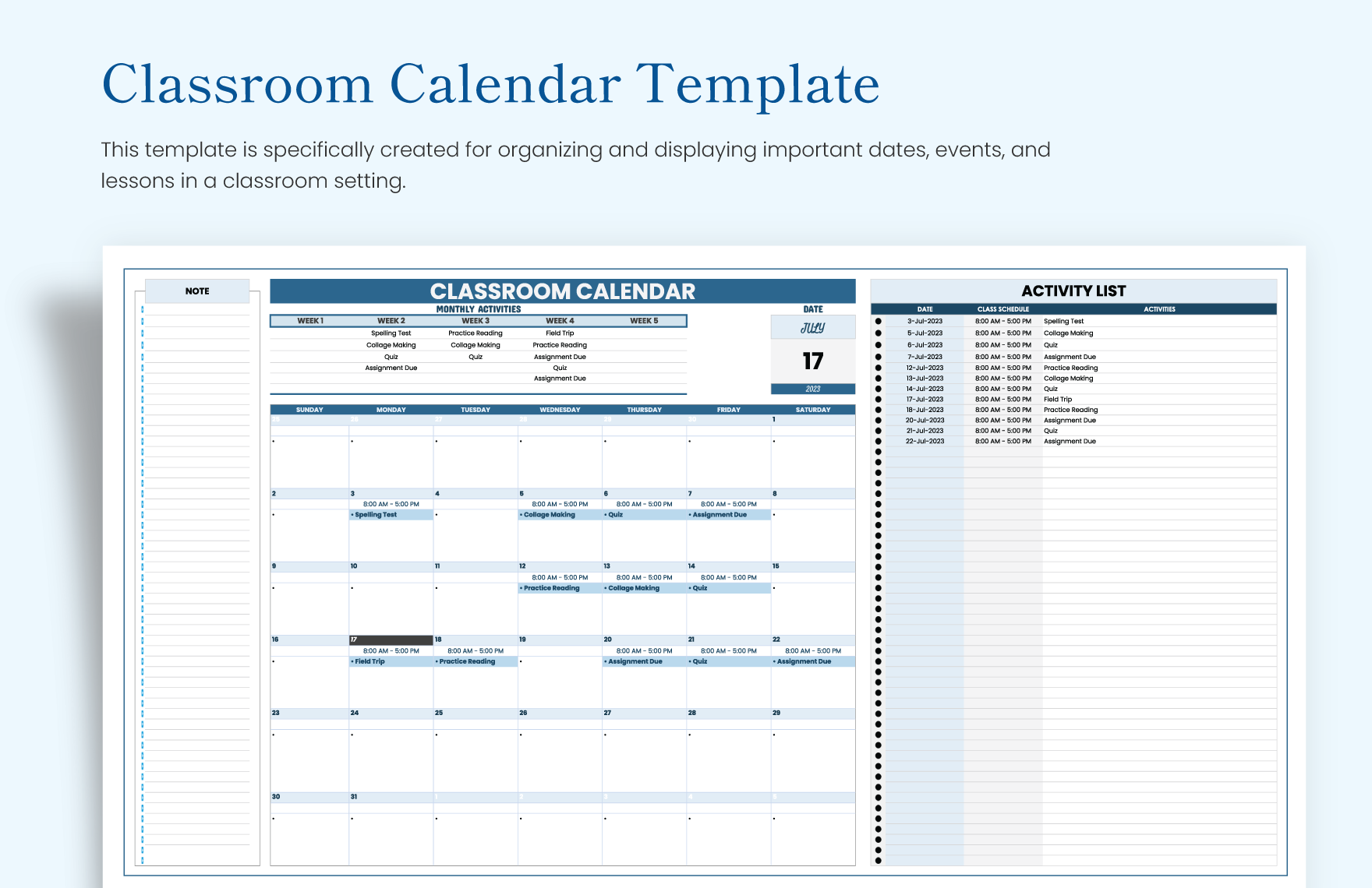 Classroom Calendar Template