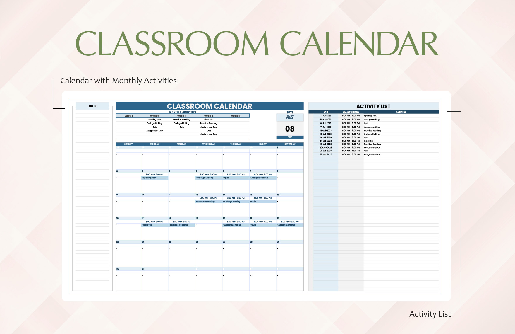 Classroom Calendar Template