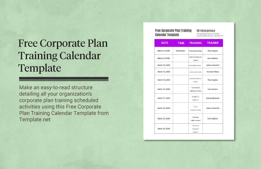 Free Corporate Plan Training Calendar Template