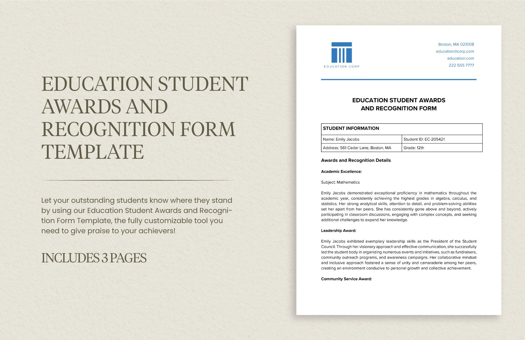 Education Student Awards and Recognition Form Template in Word, Google Docs, PDF