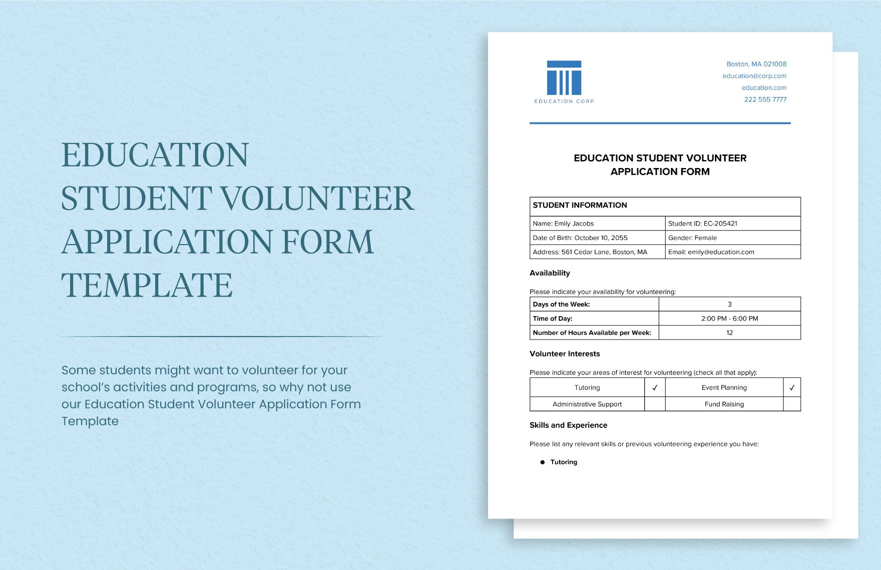 Education Student Volunteer Application Form Template