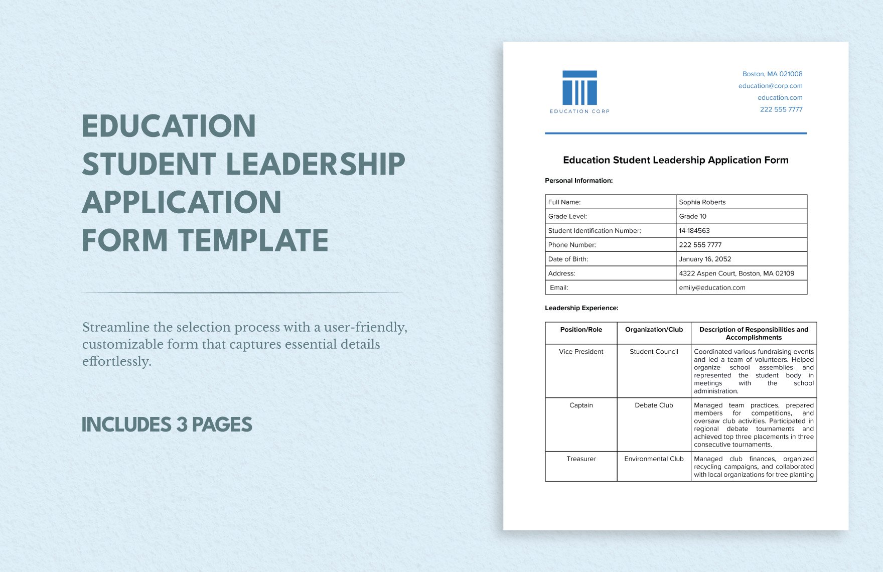 Education Student Leadership Application Form Template