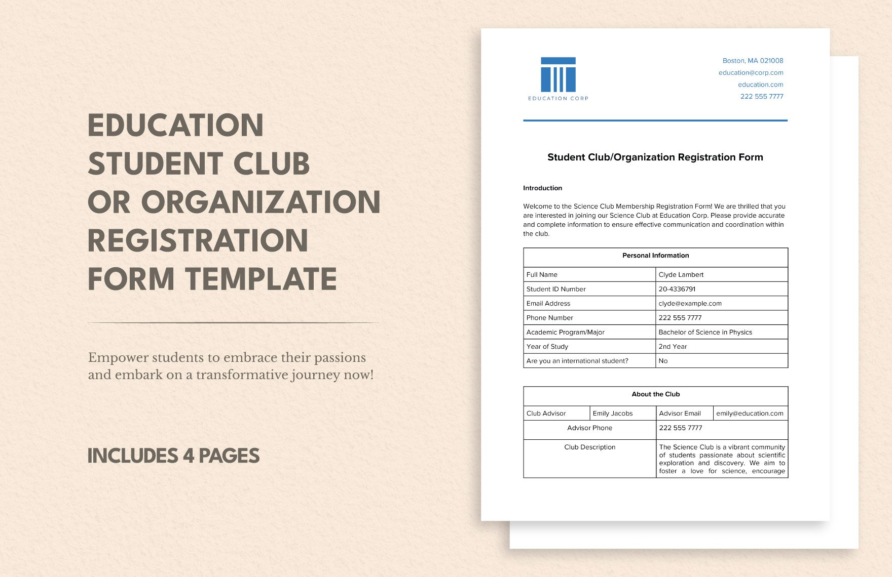 Education Student Club or Organization Registration Form Template
