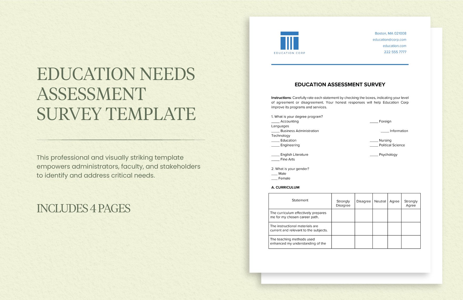 Education Needs Assessment Survey Template in Word, Google Docs, PDF
