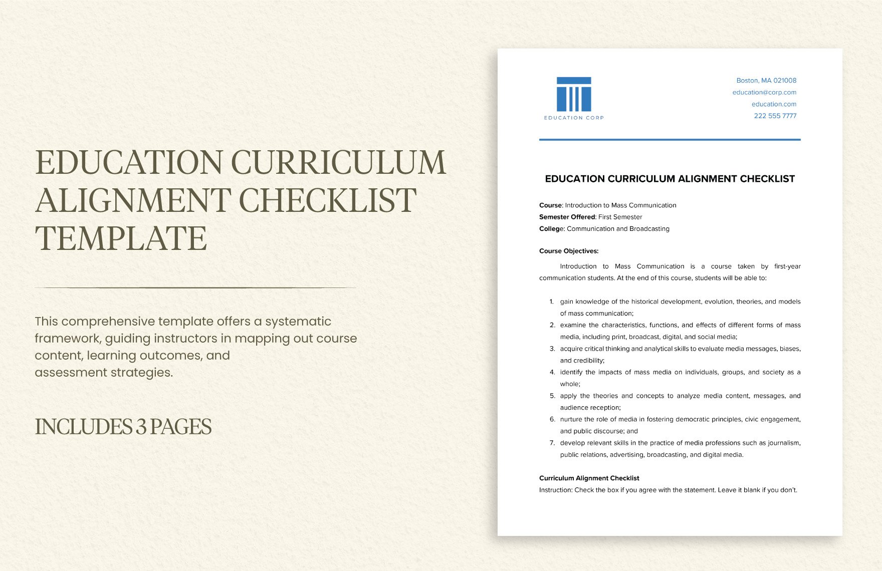 Education Curriculum Alignment Checklist Template