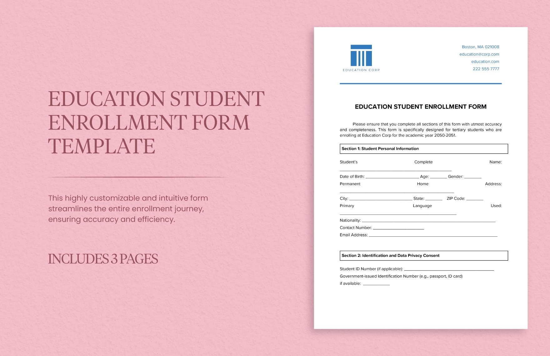 Education Student Enrollment Form Template