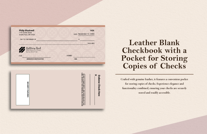 Leather Blank Checkbook with a Pocket for Storing Copies of Checks in Word, Illustrator, PSD