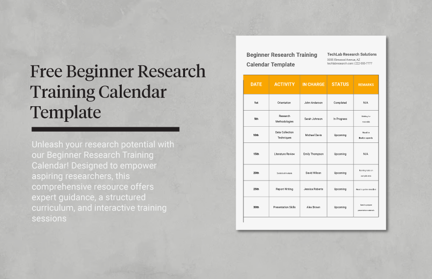 Beginner Research Training Calendar Template in Word, Illustrator, PSD