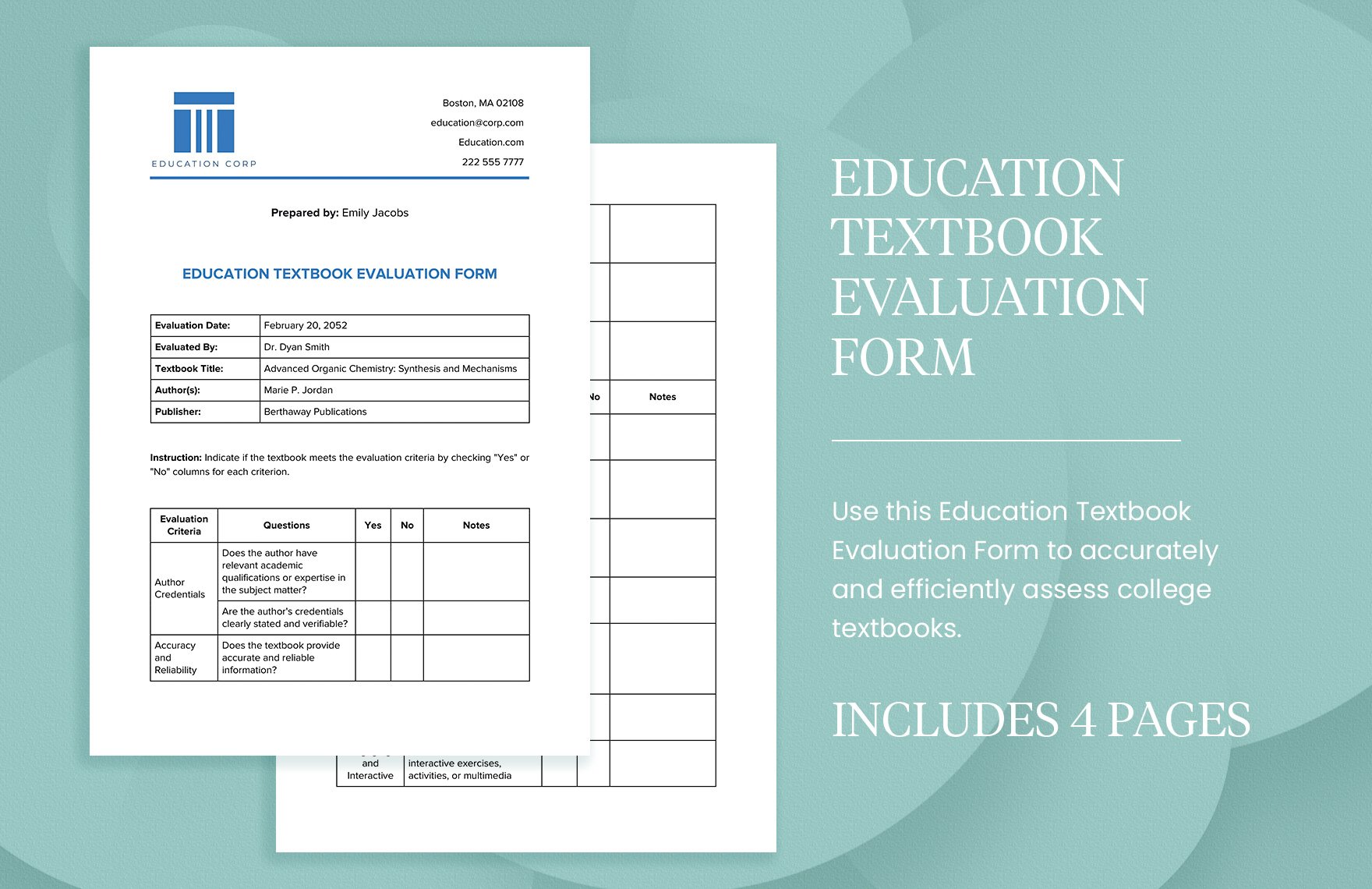 Education Textbook Evaluation Form