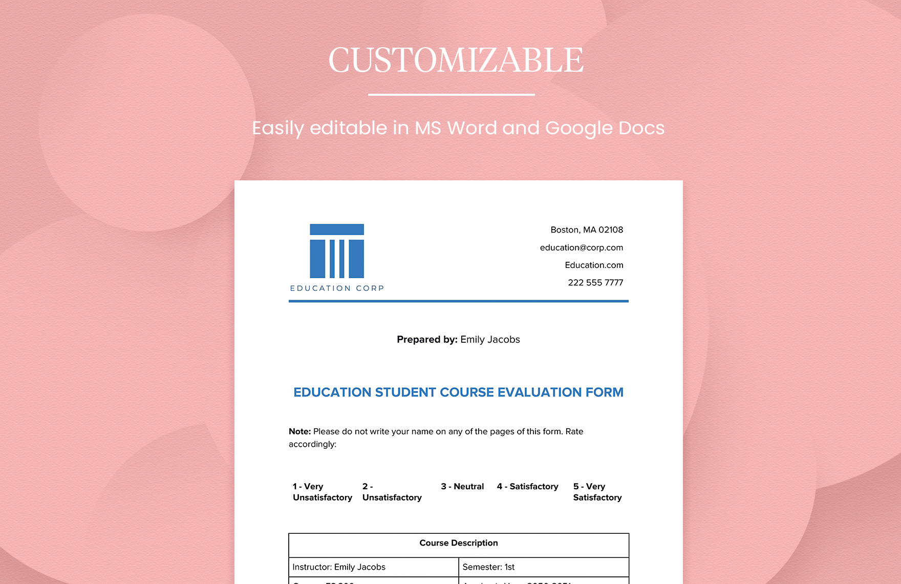 Education Student Course Evaluation Form