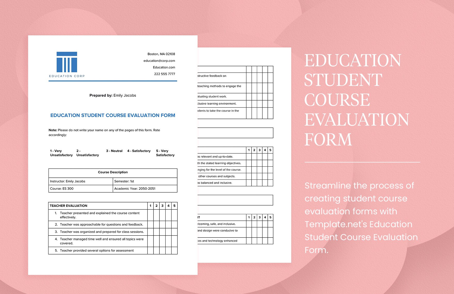 Education Student Course Evaluation Form
