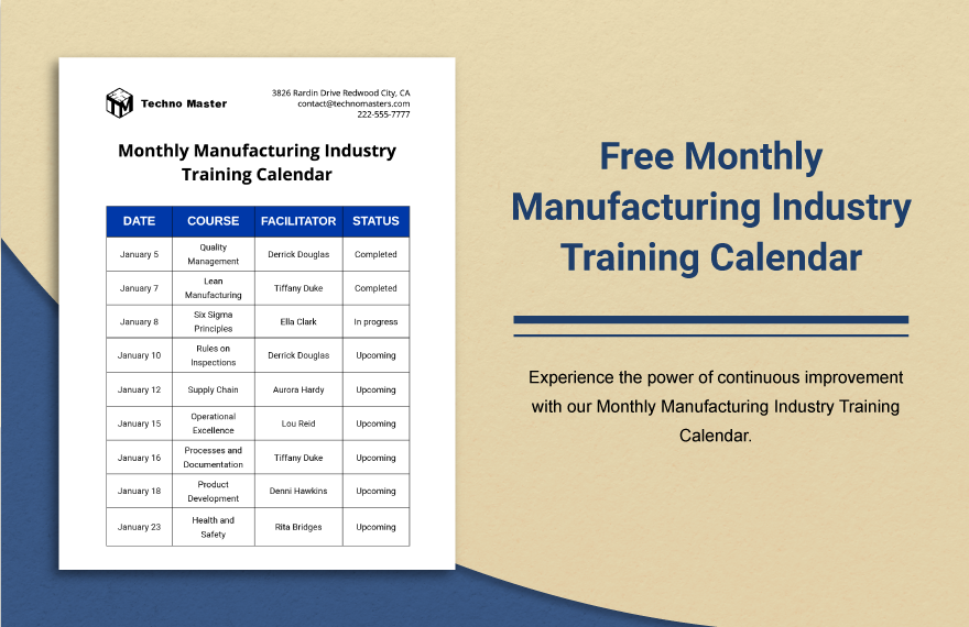 Monthly Manufacturing Industry Training Calendar