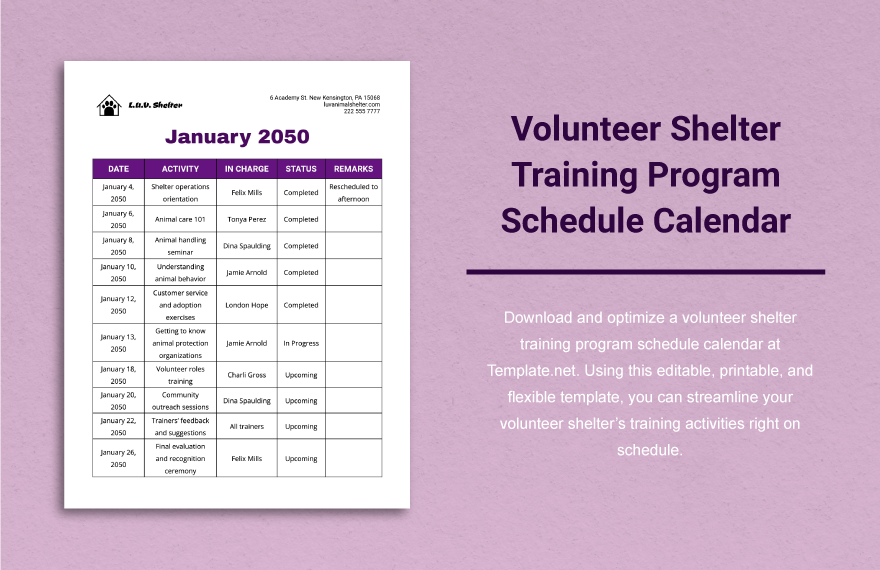 Volunteer Shelter Training Program Schedule Calendar