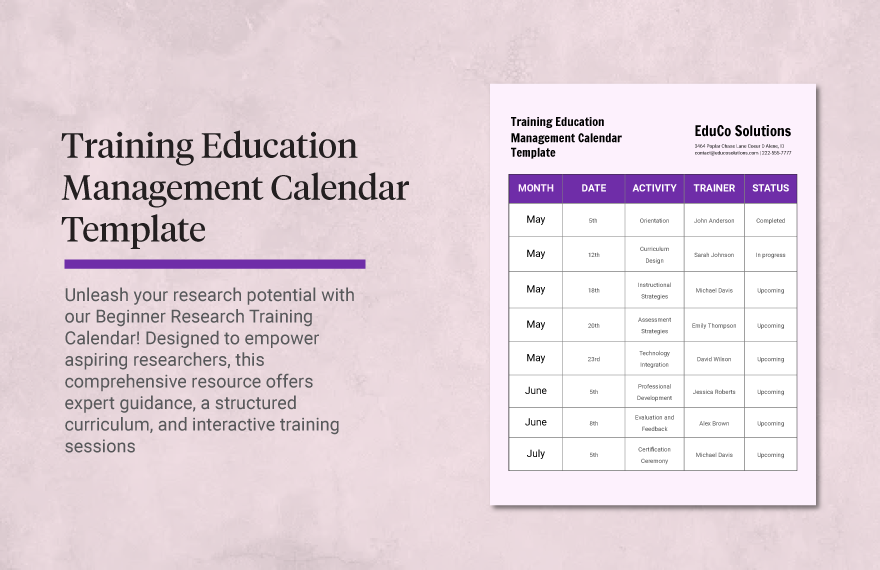Training Education Management Calendar Template