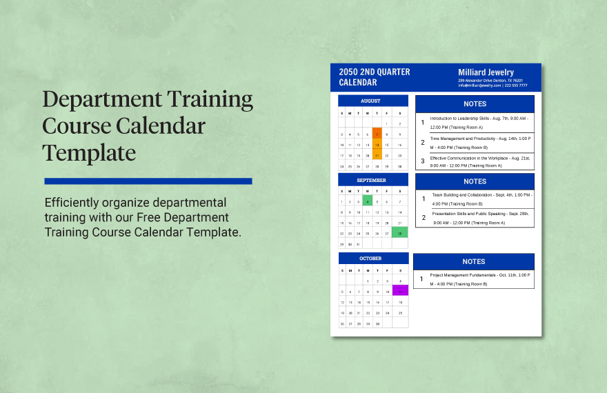 Department Training Course Calendar Template
