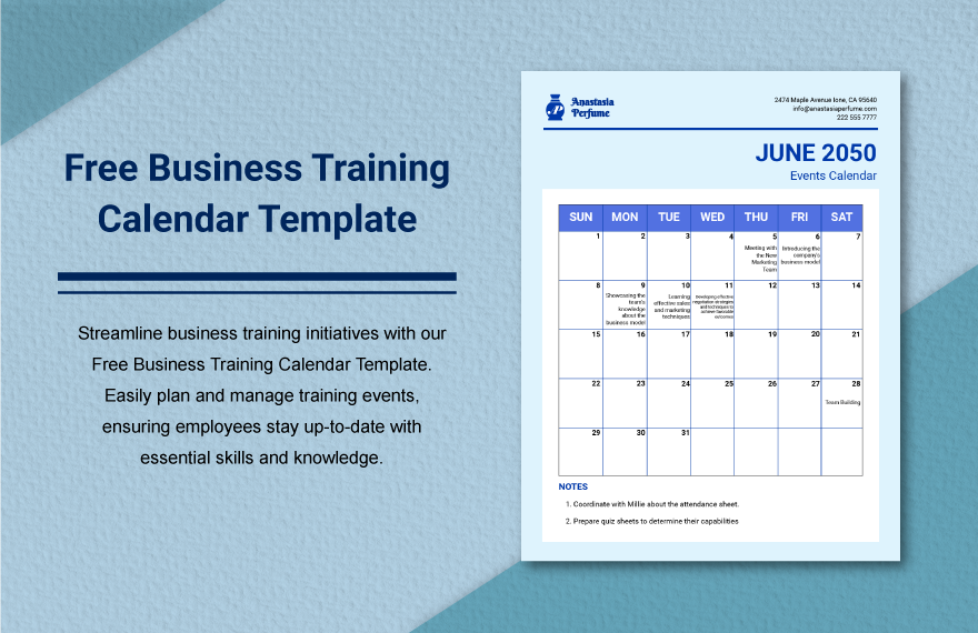 Free Business Training Calendar Template