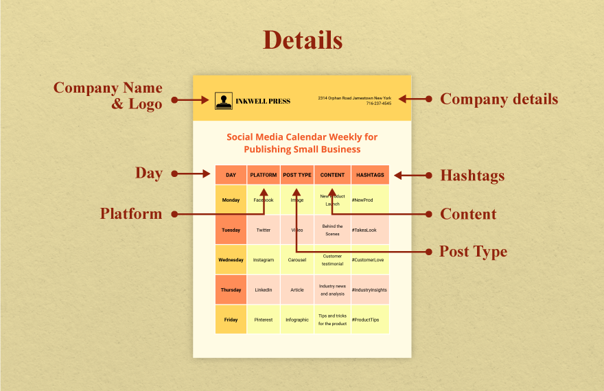 Social Media Calendar Weekly for Publishing Small Business
