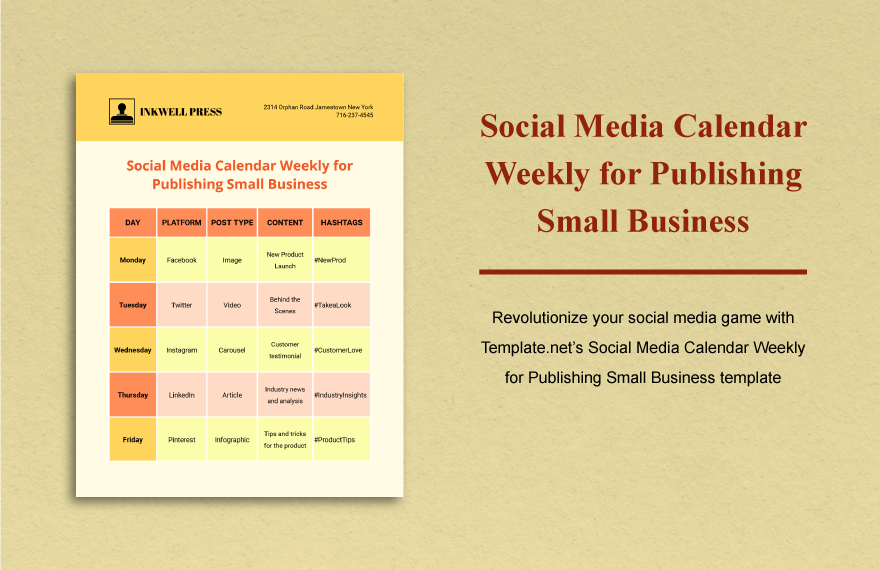 Social Media Calendar Weekly for Publishing Small Business
