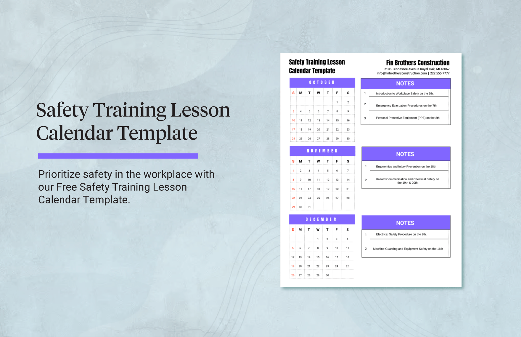 Safety Training Lesson Calendar Template