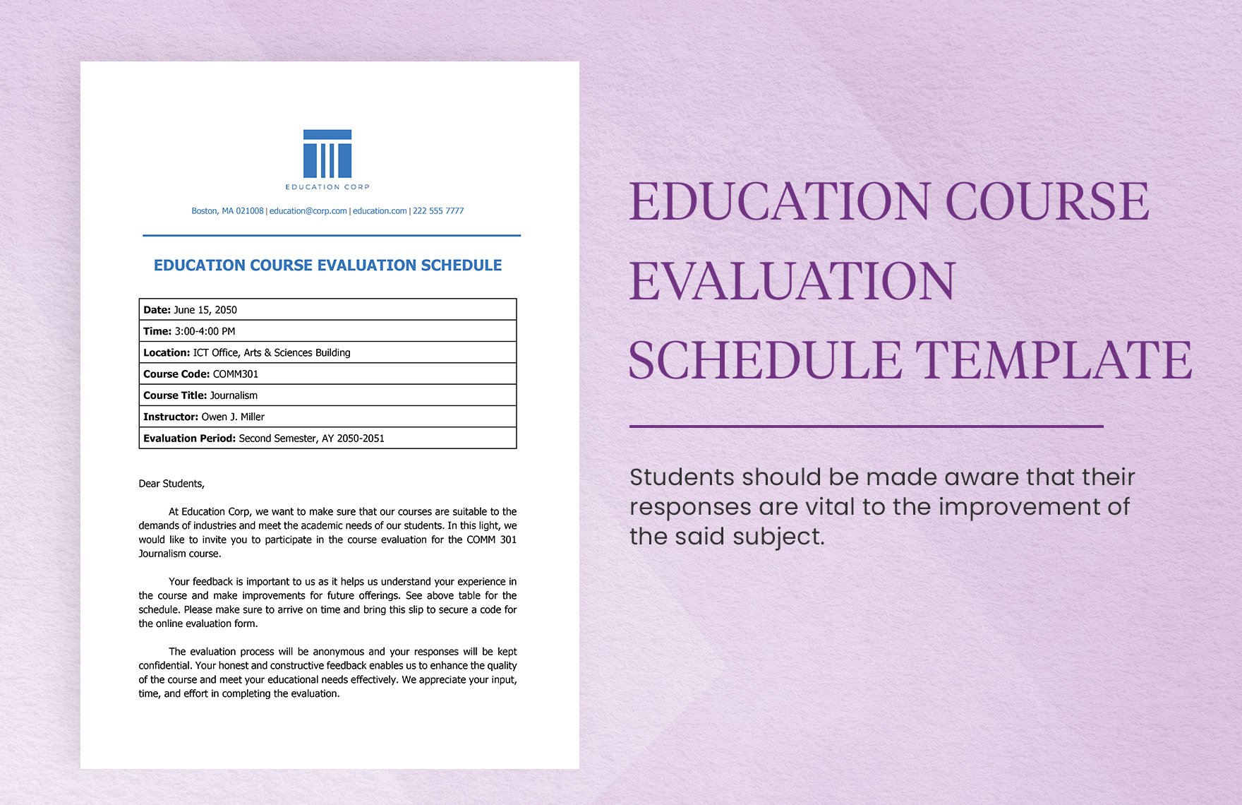 Education Course Evaluation Schedule Template