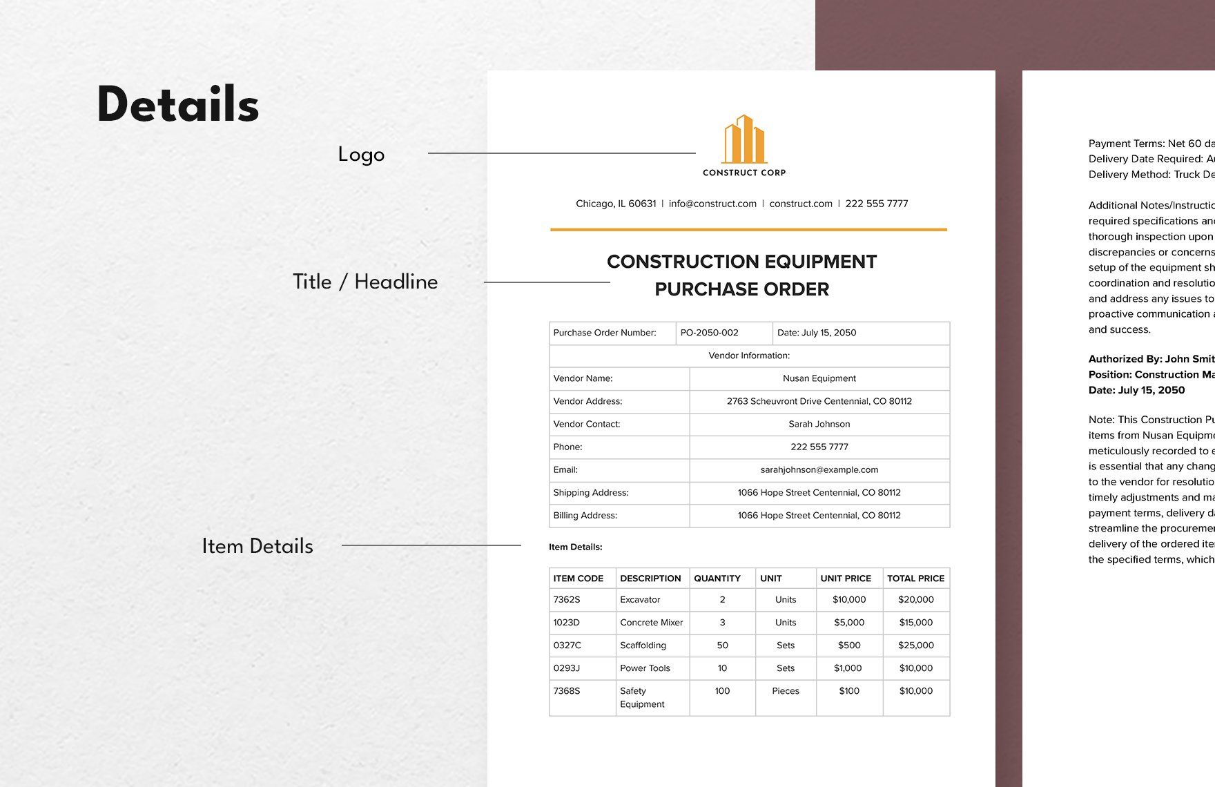 Construction Equipment Purchase Order