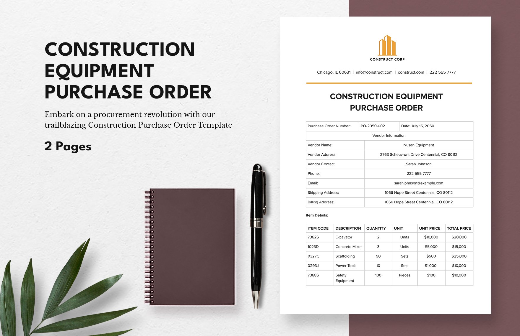Construction Equipment Purchase Order