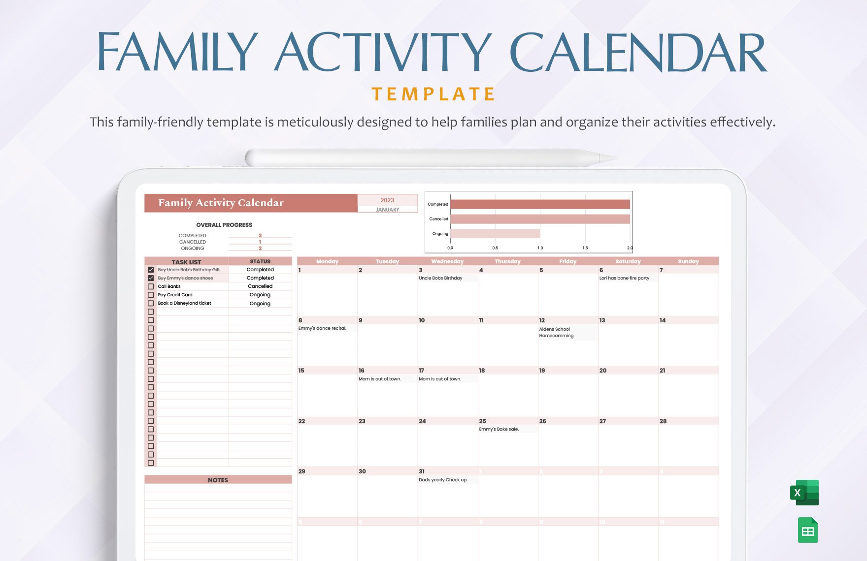 Family  Activity  Calendar Template in Excel, Google Sheets