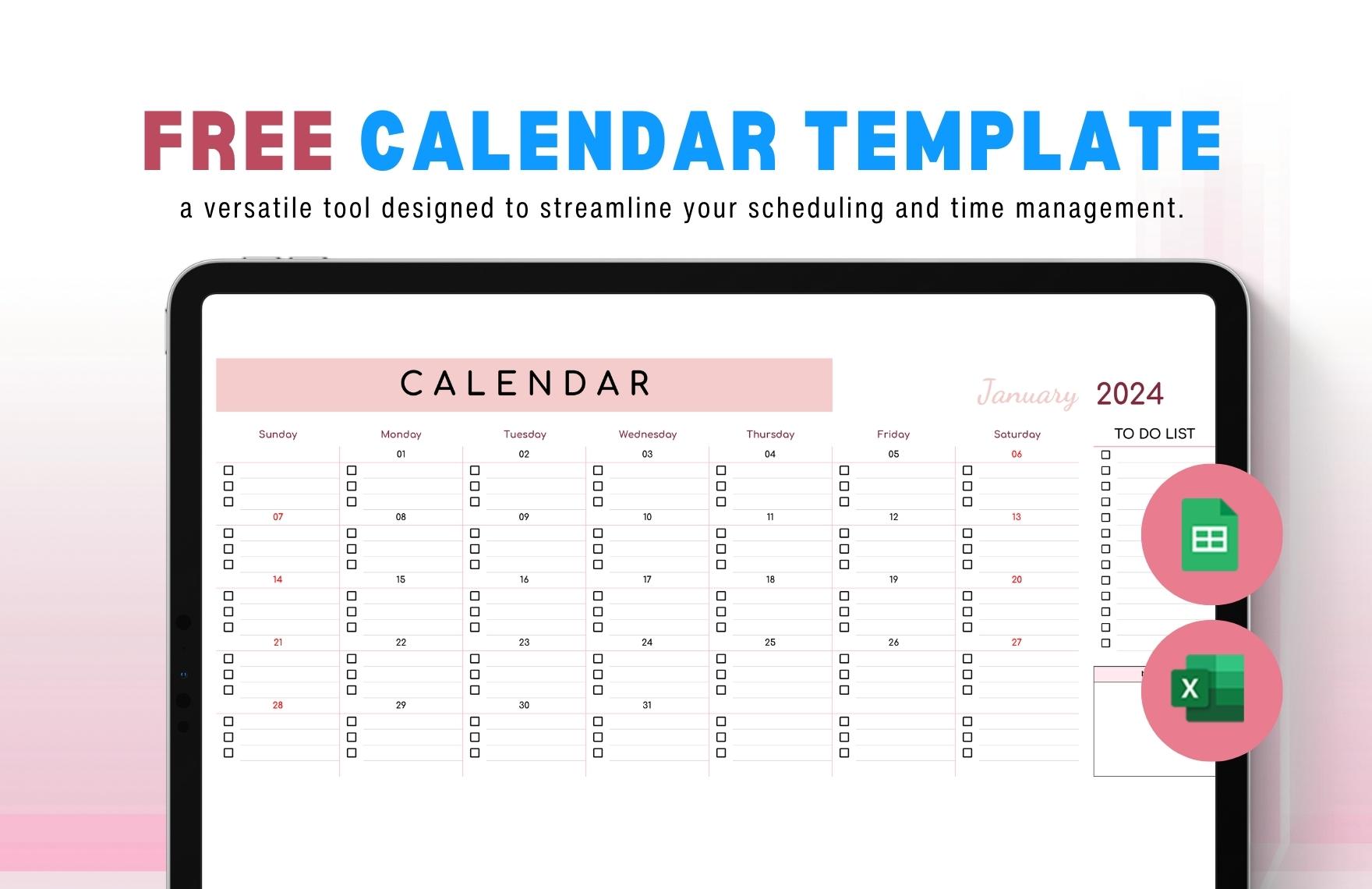 Free Calendar Template Download In Excel Google Sheets Template