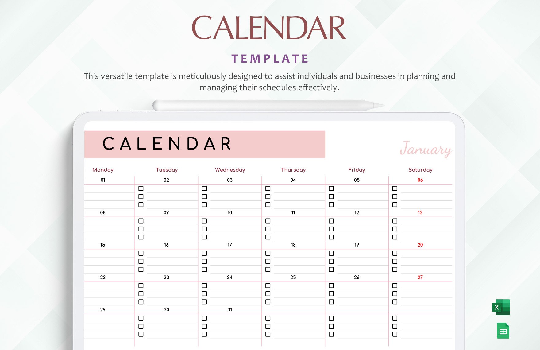 Free Calendar Template in Excel, Google Sheets