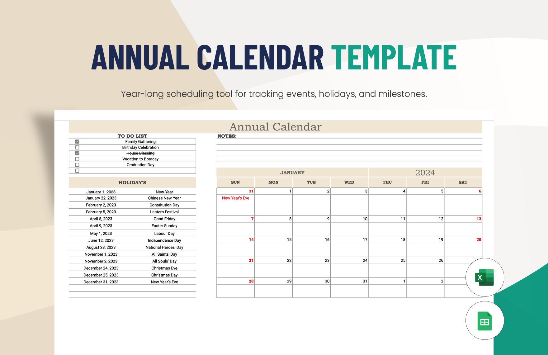 Annual Calendar  Template in Excel, Google Sheets