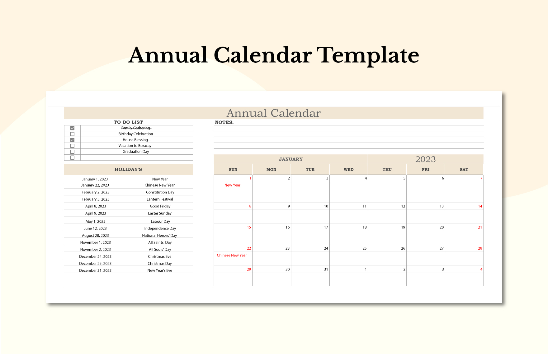 Annual Calendar Template Download in Excel, Google Sheets