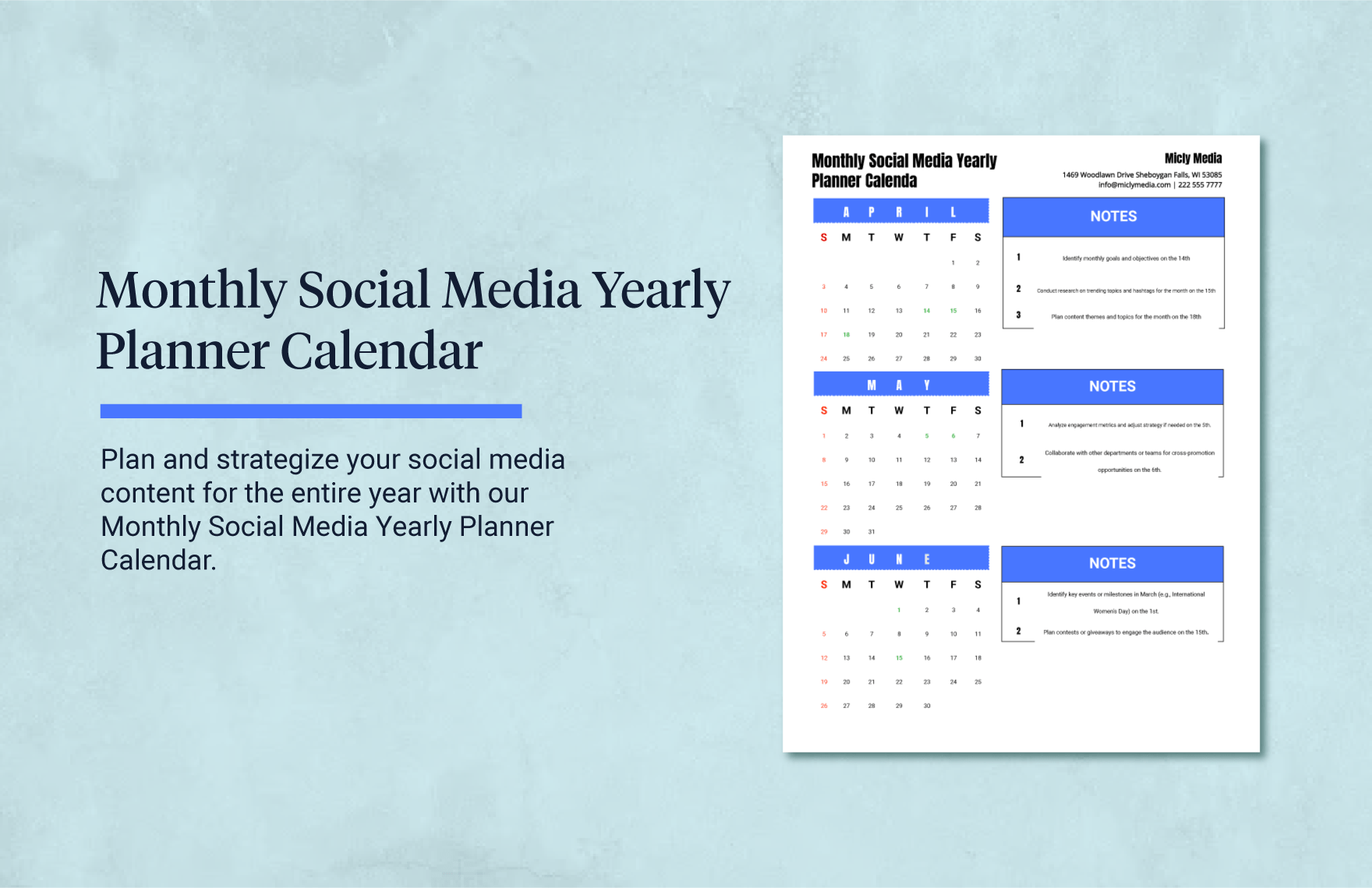Monthly Social Media Yearly Planner Calendar