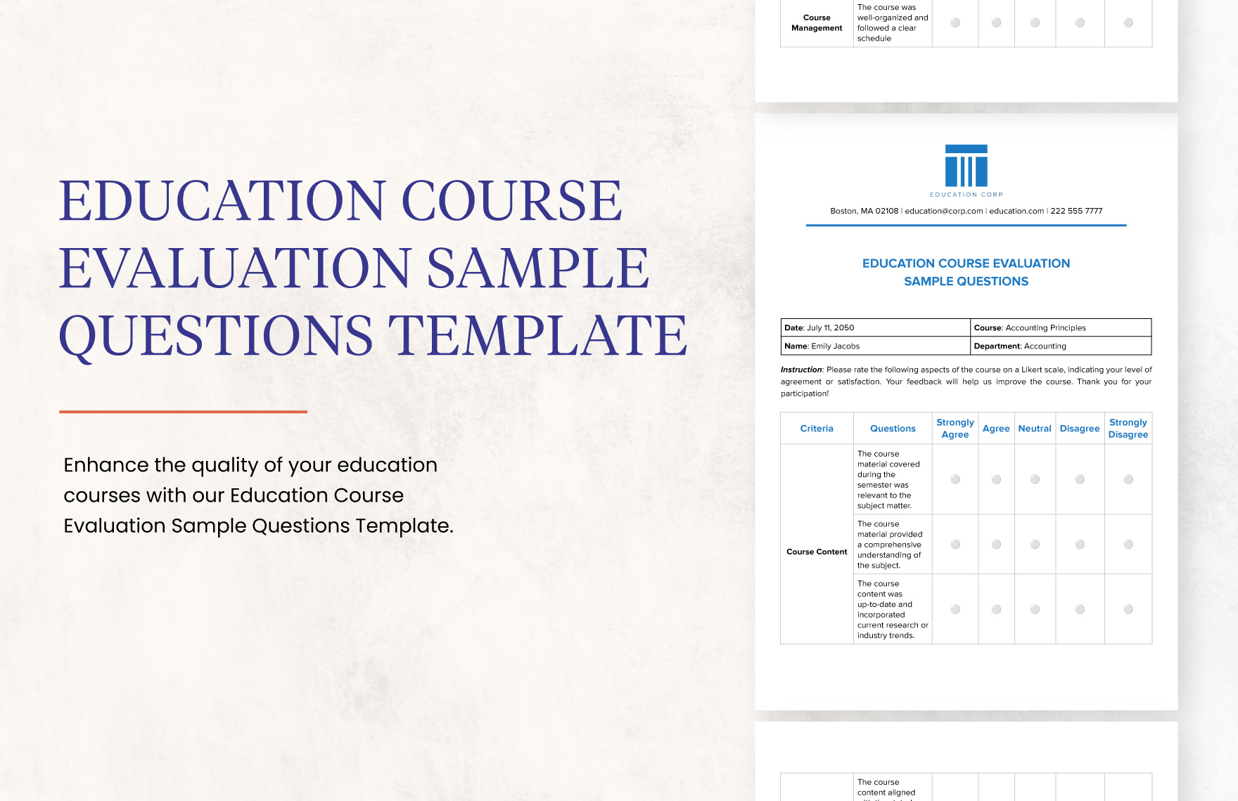 Education Course Evaluation Sample Questions Template