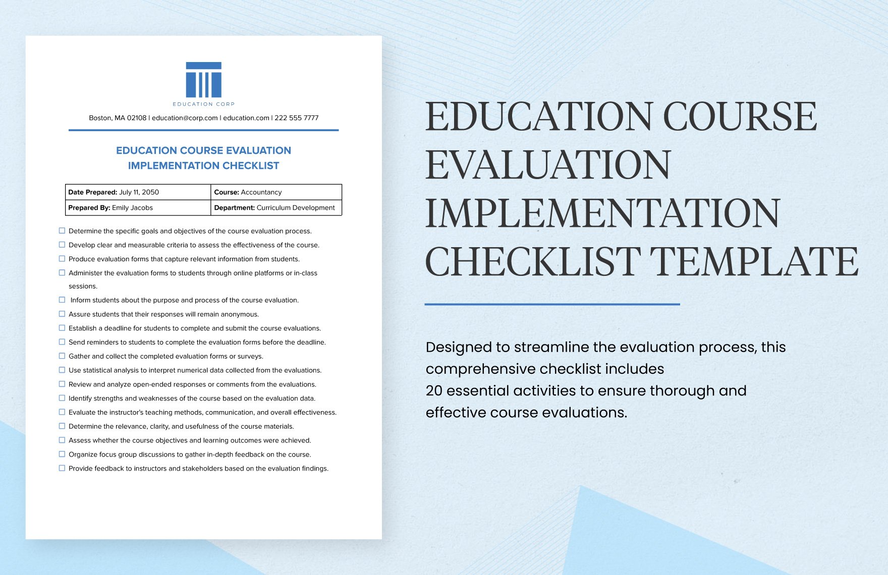 Education Course Evaluation Implementation Checklist Template in Word, Google Docs