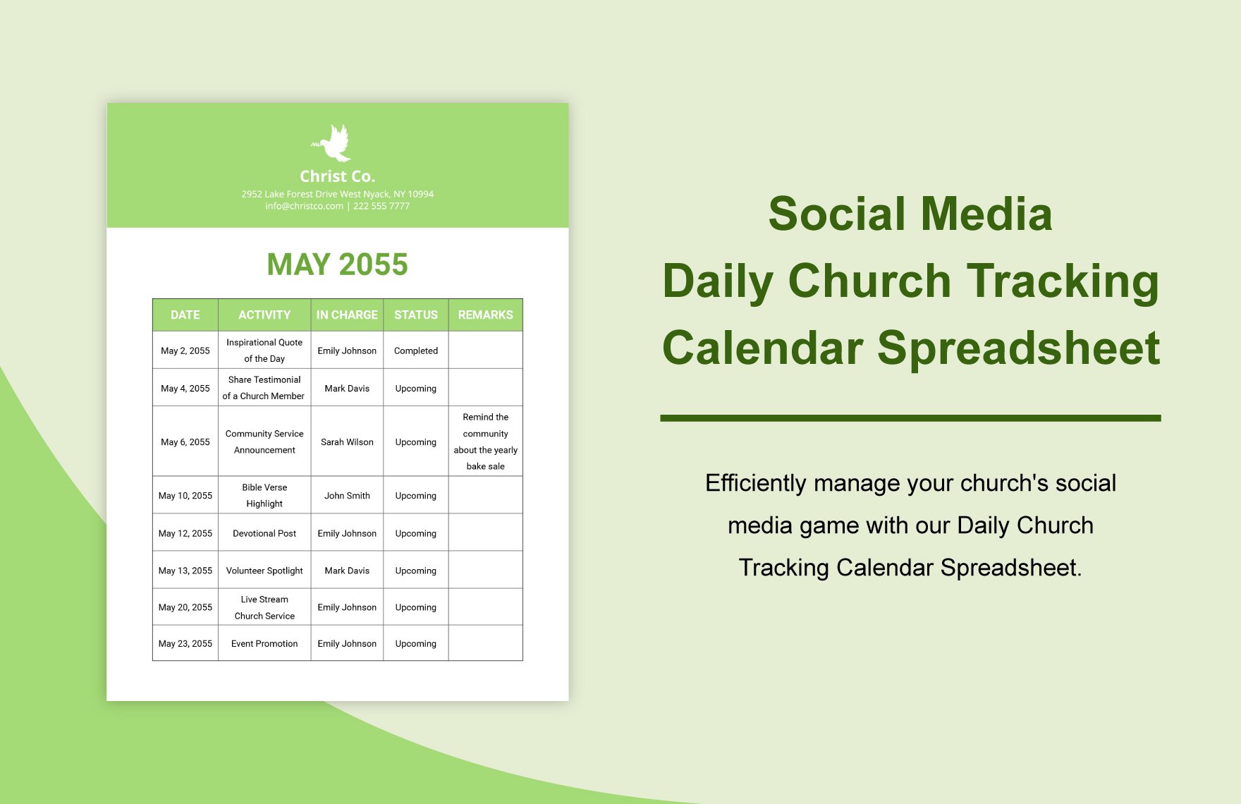 Social Media Daily Church Tracking Calendar Spreadsheet
