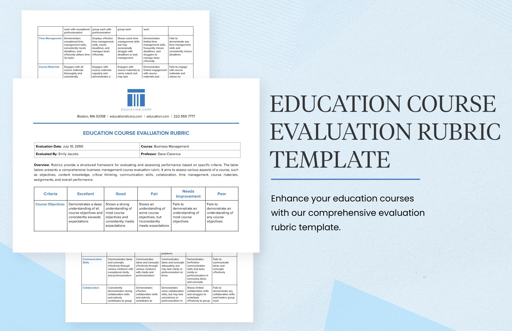 Education Course Evaluation Rubric Template in Word, Google Docs