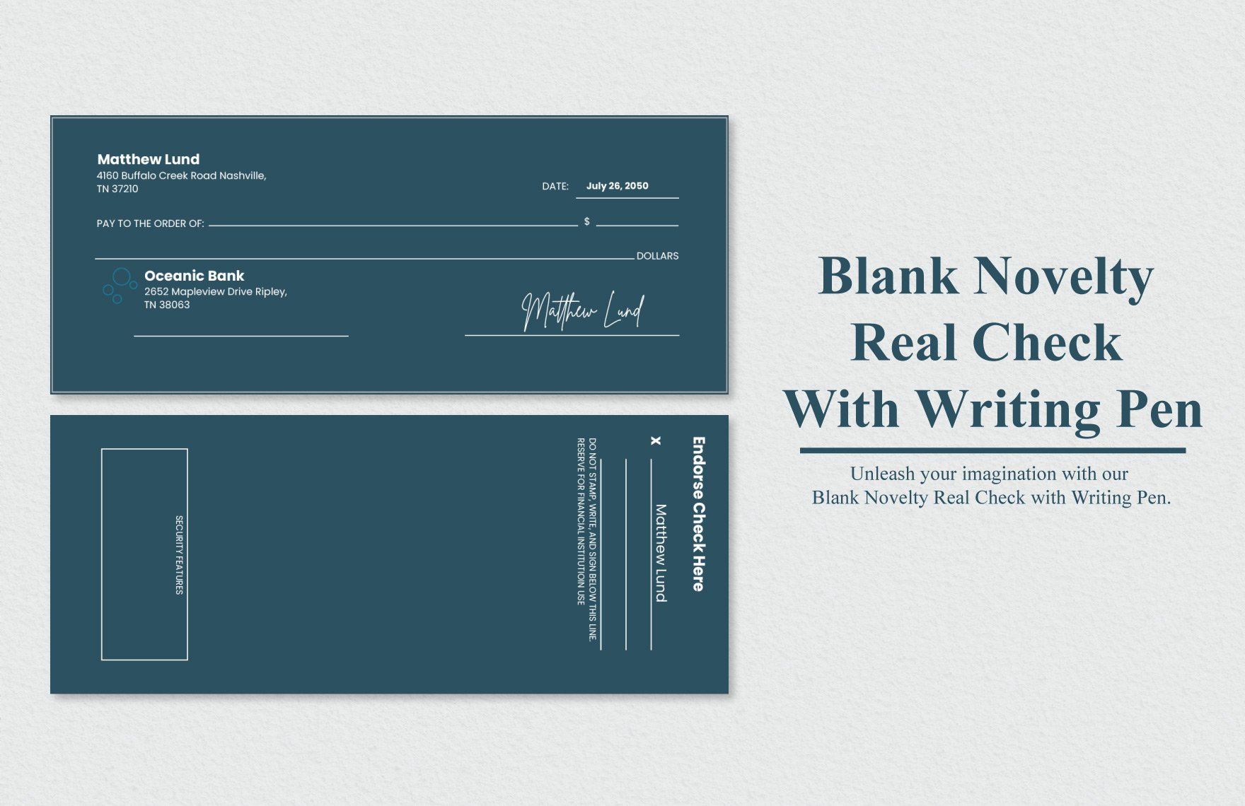 Blank Novelty Real Check With Writing Pen in Word, Illustrator, PSD