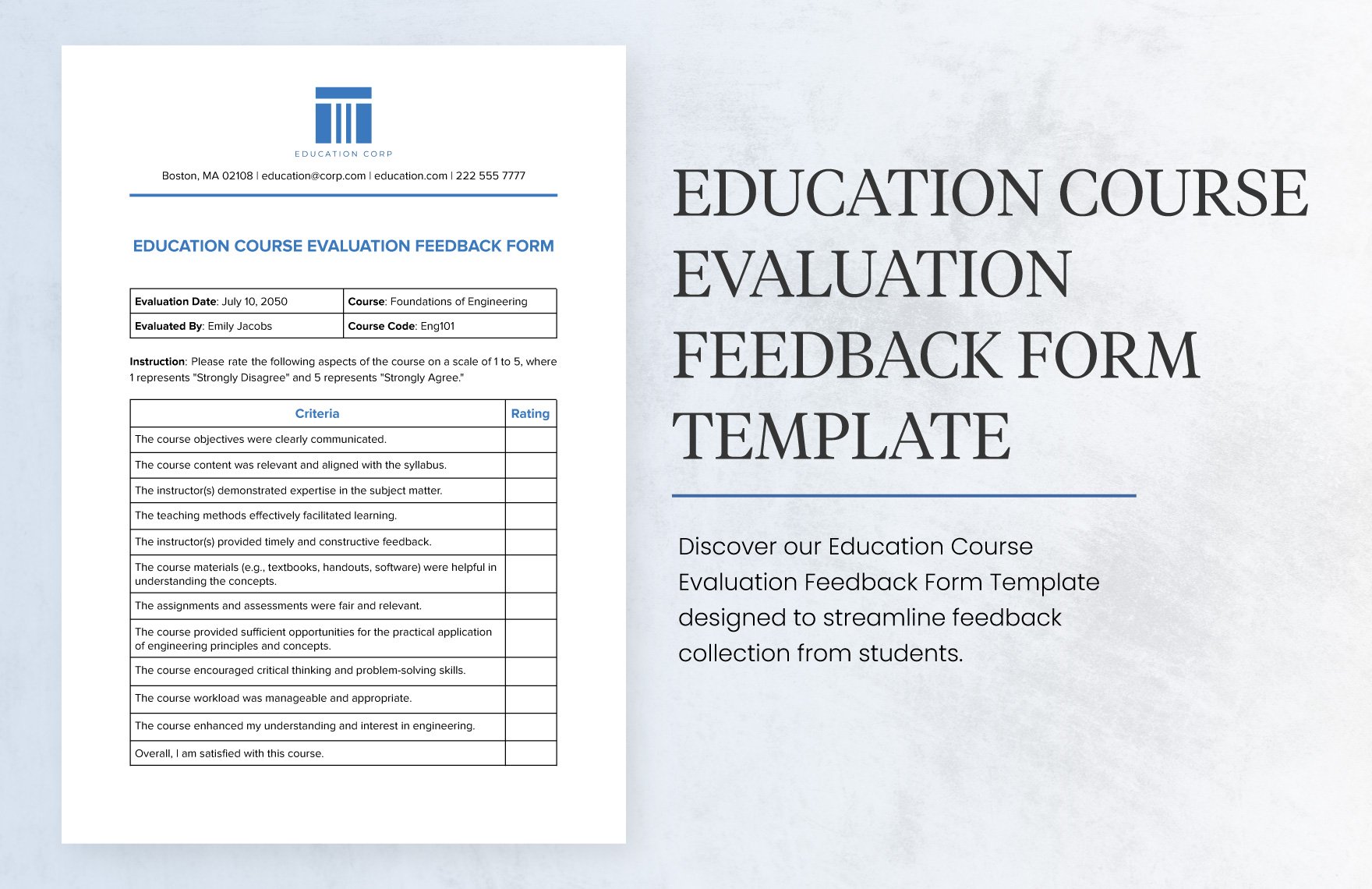 Education Course Evaluation Feedback Form Template