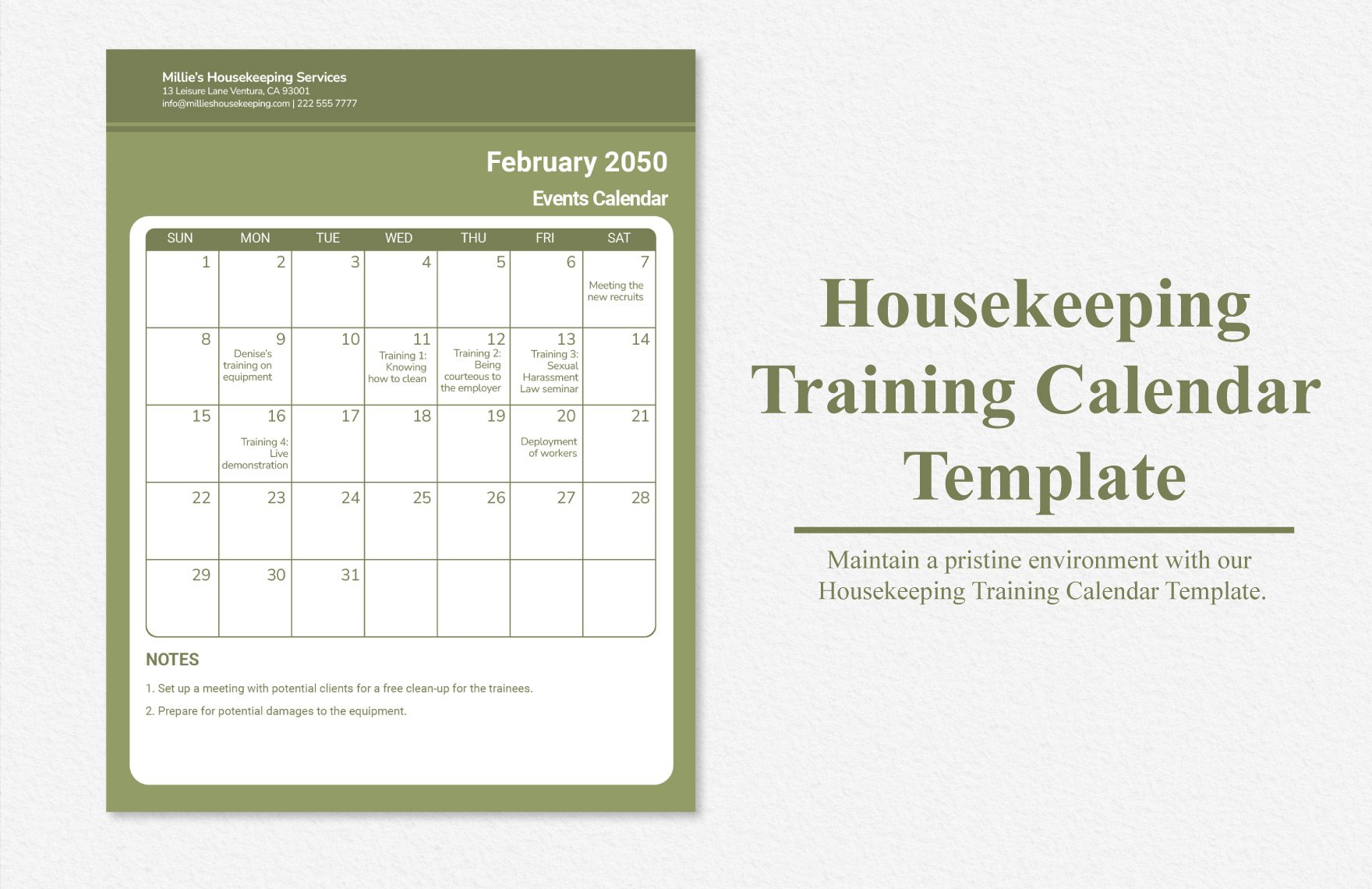 Housekeeping Training Calendar Template
