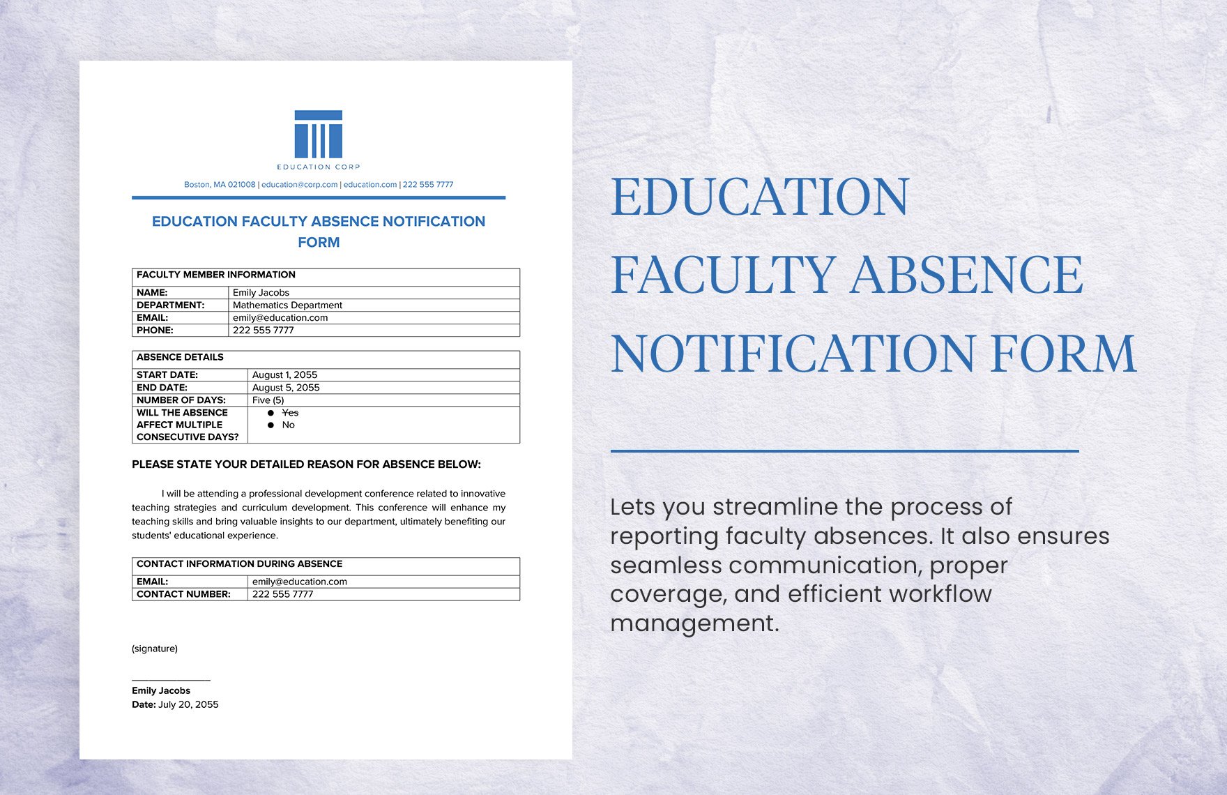 Education Faculty Absence Notification Form Template in Word, Google Docs, PDF