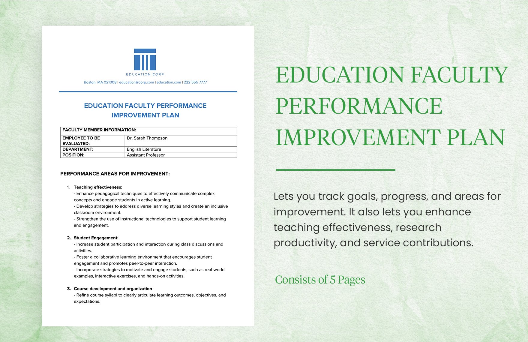 Education Faculty Performance Improvement Plan Template
