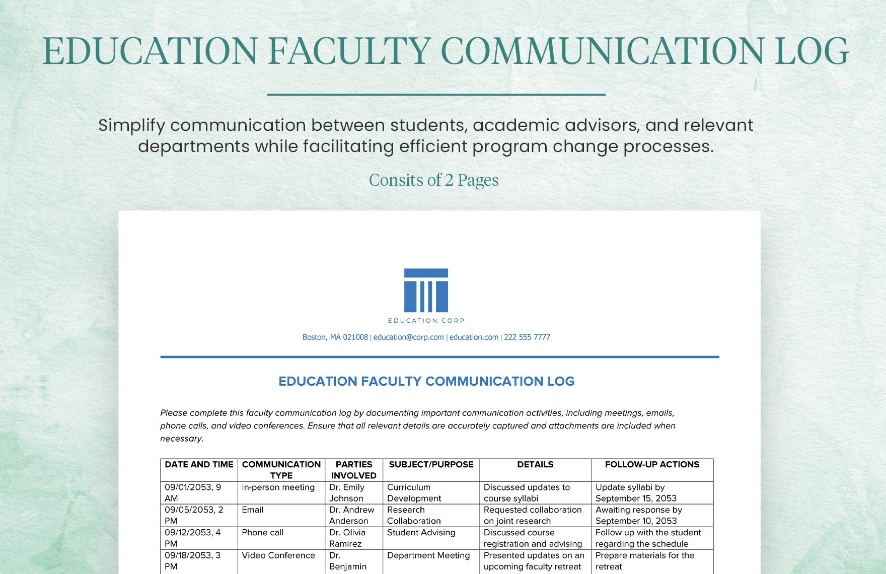Education Faculty Communication Log Template