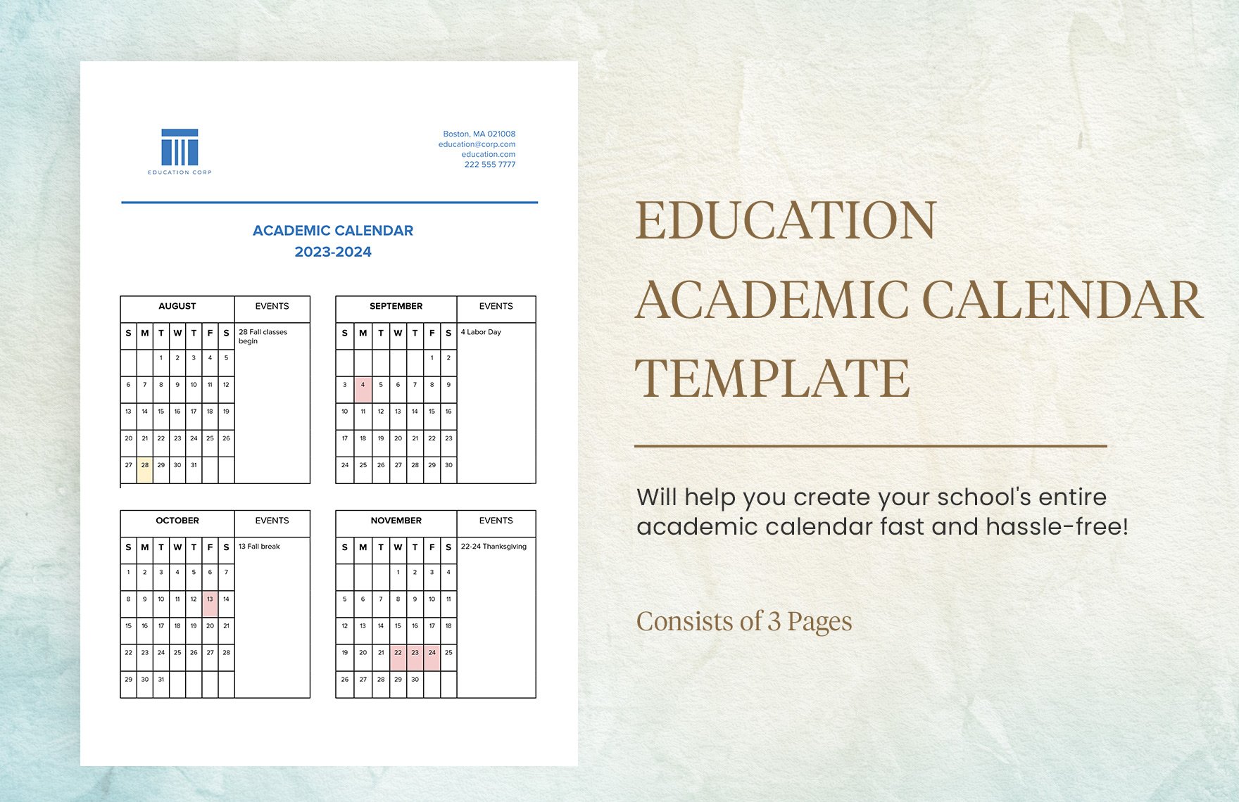 Education Academic Calendar Template 