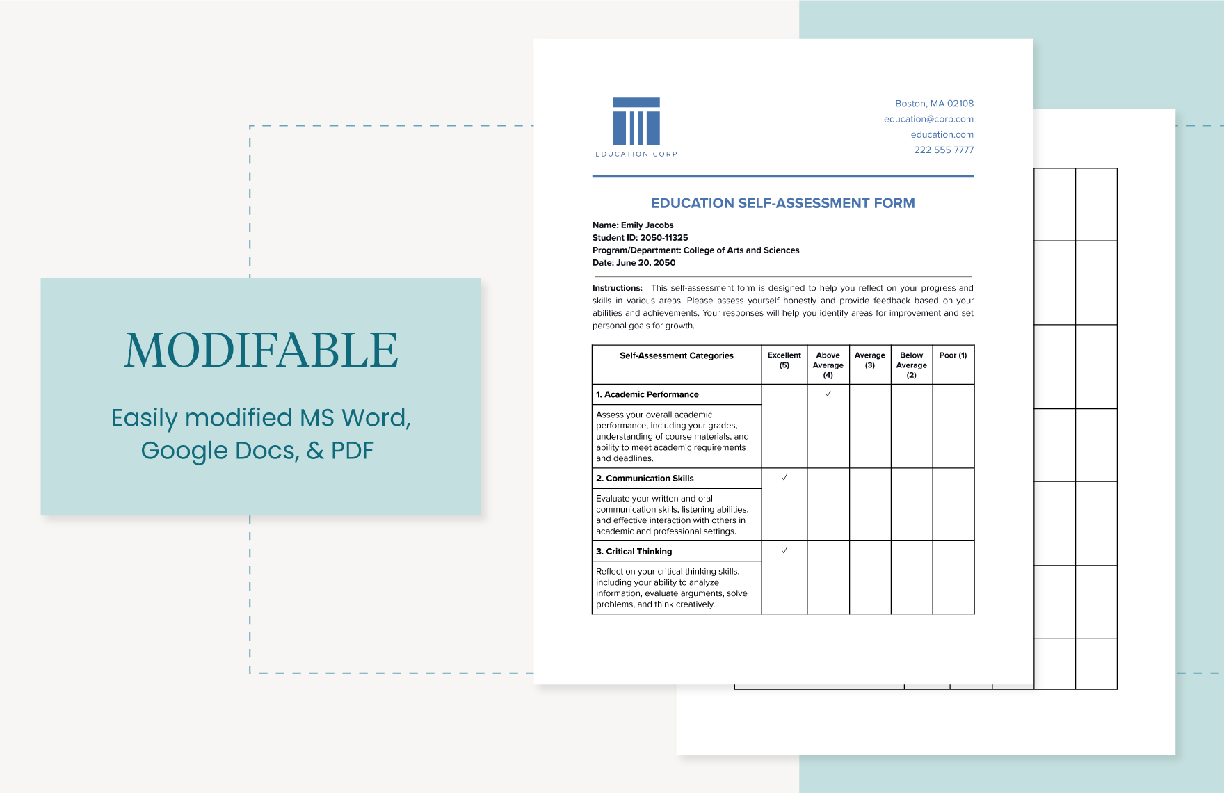 Education Self-Assessment Form Template