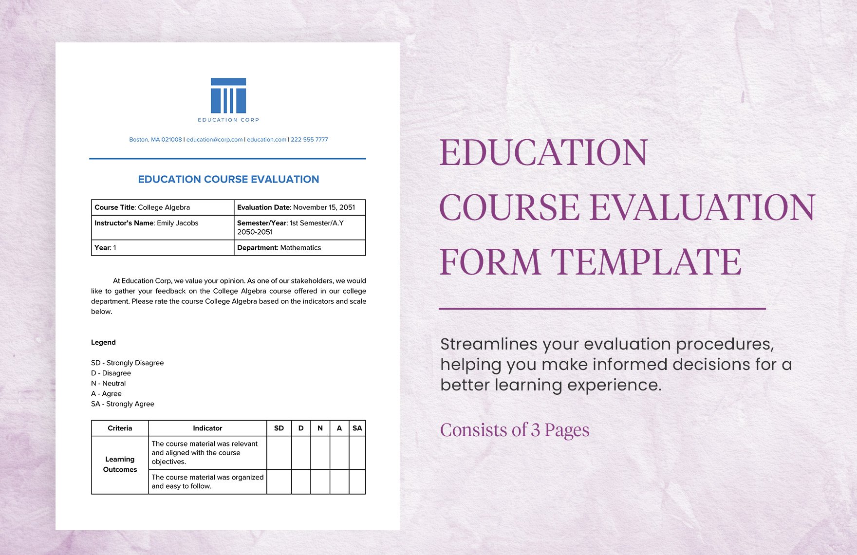 Education Course Evaluation Form Template